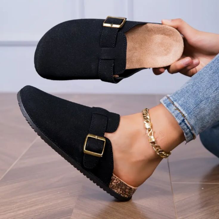 Mules Noires Style Sabot with Metal Buckle