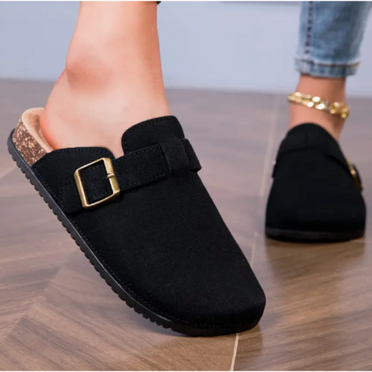 Mules Noires Style Sabot with Metal Buckle